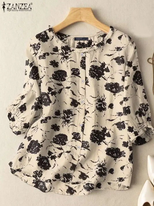 Summer Vintage Floral Printed Shirts ZANZEA Bohemian Female Blouse Casual O Neck 3/4 Sleeve Tops Work Holiday Shirt Tunic Blusas