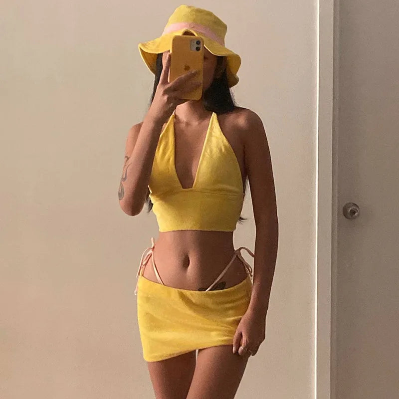 Y2k Summer Yellow Set Backless Trendy Women's Wear