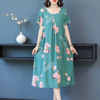 2024 O-Neck Floral Print Boho  Dress Short Sleeve Dress Sundress Robe Women Dresses Summer plus size dress