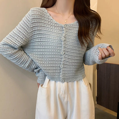 HELIAR Women Buttons Up Short Cardigan Coat Knitted Hollow Out Smock Top Long Sleeved Thin Summer T-shirt Ruffles Casual Shirt