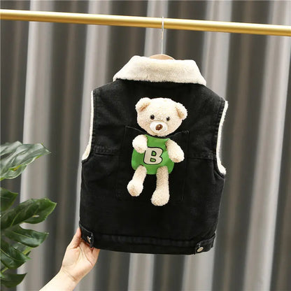 Cashmere Warm Child Waistcoat With Bear Winter Denim Coats Baby Girls Boys Vest Kids Outfits Children Outerwear For1-6 Years old