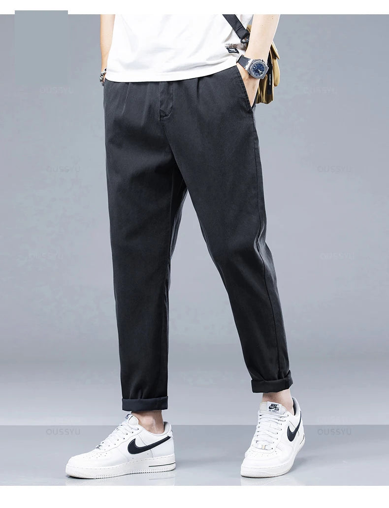 Brand Clothing New Summer Soft Lyocell Fabric Men's Casual Pants Thin Slim Elastic Waist Korea Jogger Ankle Length Trousers Male