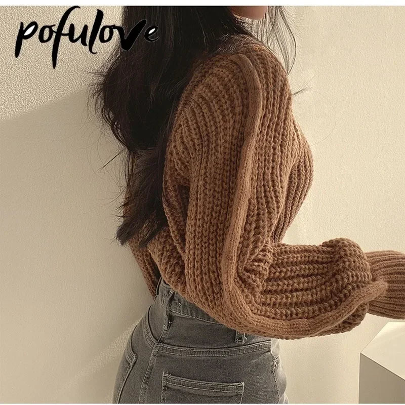 Knitted Sweater Pullovers New Design Cute Sweet Japan Girls Solid O Neck Short Crop Knit Tops 4 Colors 2023 Winter Autumn