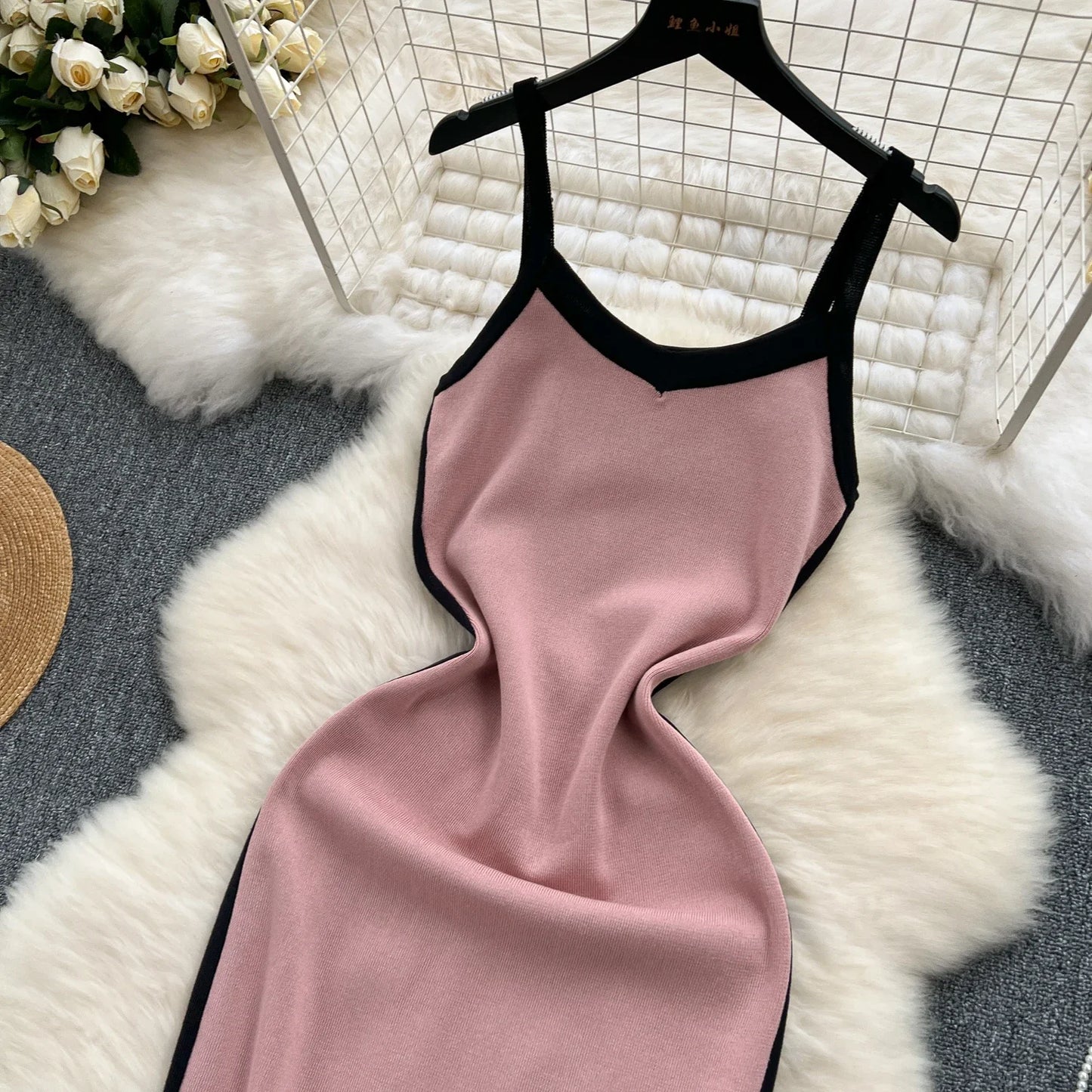 2024 Sexy Contrast Color Knitted Women Dress Summer Strap Elastic Sleeveless Bodycon Dress Europe Style Ladies Maxi Long Dress