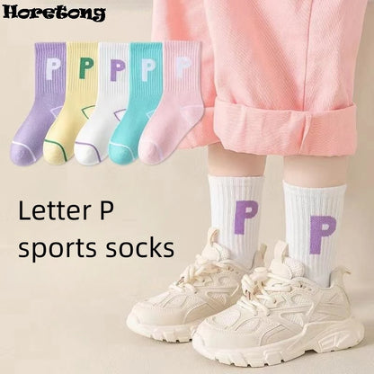 Horetong 5 Pairs/Lot Children's Fashion Letters For Girls Kids Autumn Comfortable Sports Casual School Cotton Middle Tube Socks