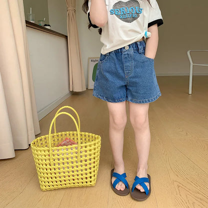 Summer 2025 Kids solid color denim shorts fashion Girls all-match casual shorts