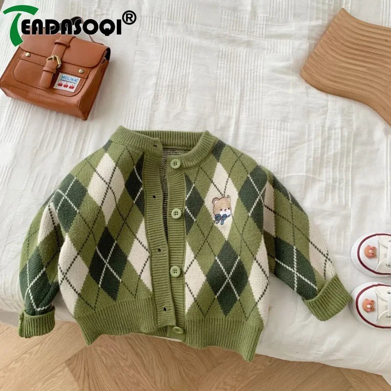 Toddler Baby Girls Boys Knitted Sweater Vest Coat 3M-7Y Kids Cartoon Bear Geometric Figure Children Cardigan Outer Wear Clothing