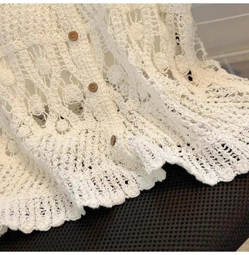 French Crochet Hollow Knit Vest Cardigan Women Summer Short Sleeve Sleeveless Lace Tops 2024 Casual Fashion Vest Two Piece Sets