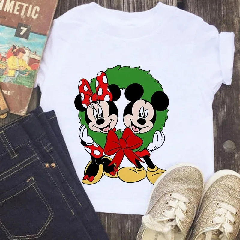 Disney Series Mickey Minnie Anime Clothes T-shirt Boy Girl Casual Summer White Pink Cotton Children's Clothing Baby Kawaii Tees