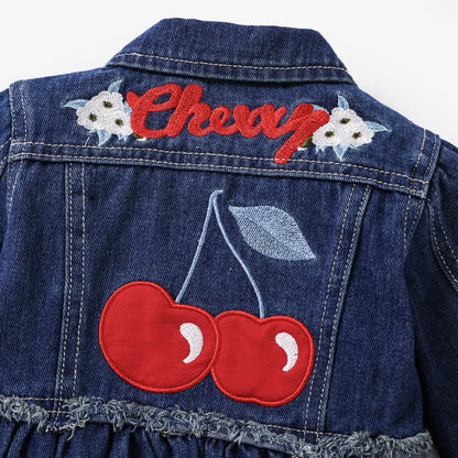 PatPat Baby Girl Childlike Fruit Embroidery  Lapel Denim Jacket