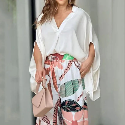 Wefads Two Piece Set Summer Casual Solid V Neck Batwing Sleeve Loose Top Wide Legs Printed Stretch Waist Pants Sets Streetwear