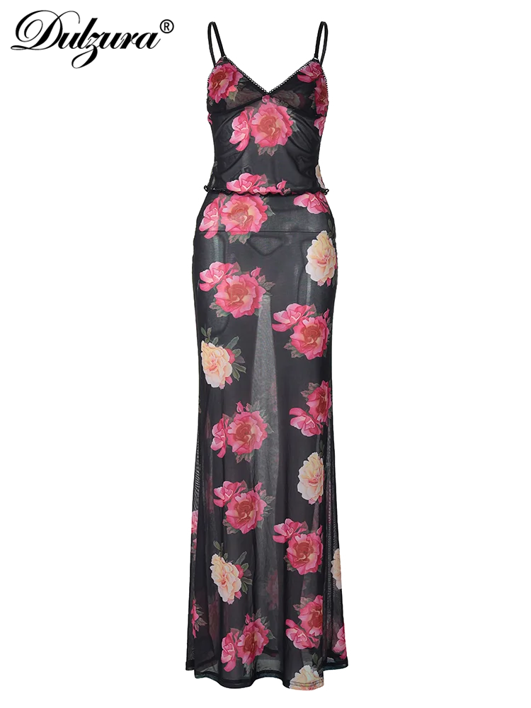 Dulzura Matching Suit 2024 Summer Women Sexy Bra Top Camisole Print Flower Maxi Dress See Through Y2K Club Vocation Co Ords Set