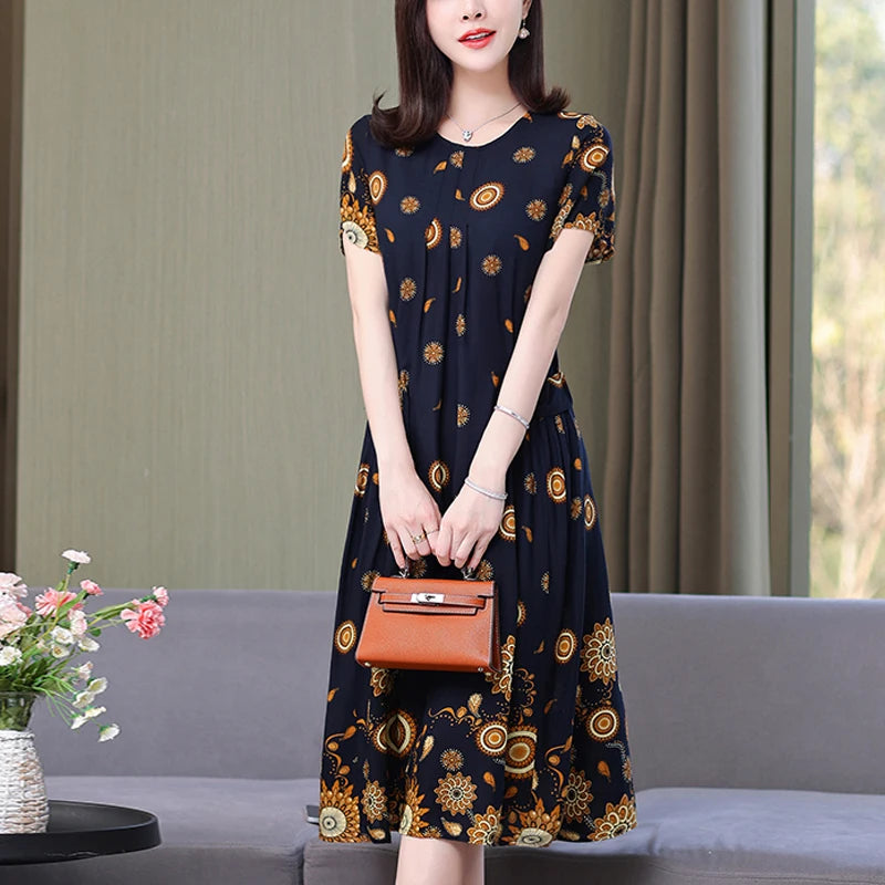 New Arrival Fashion Casual 2023 Summer Dress For Women Loose O-Neck Print Elegant Floral Formal Dress Women Clothing Dresses