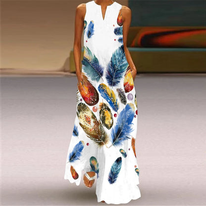 Fashion V-Neck Printed Sleeveless Women Maxi Dress Summer Casual Loose Straight Beach Long Dresses Ladies Sundress Lady Vestidos