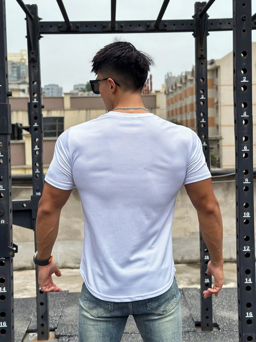 2023 new Men Summer Short Sleeve Fitness T Shirt Running Sport Gym Muscle T Shirt Workout Casual High Quality Tops Clothing