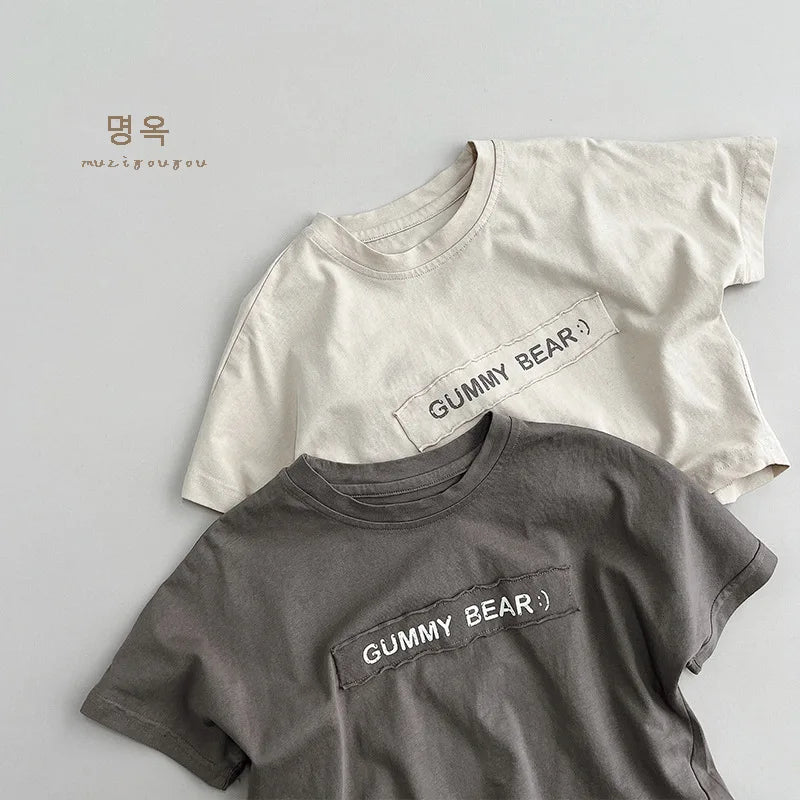 Korea Style 2024 Summer T-Shirts Children's Short Sleeved Printed T-shirt Boys Loose Casual Top Girls Tees Clothing Japanese