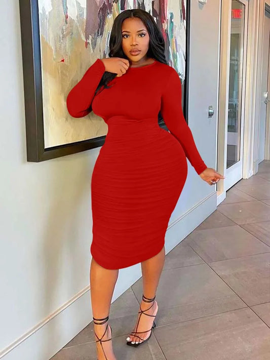 2024 New Women Crew Neck Long Sleeve Dress Sexy Ruched Mini Dress