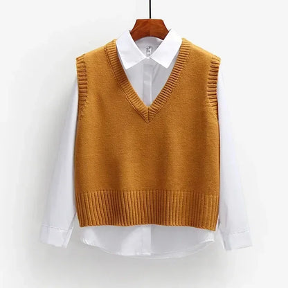 Spring and Autumn Women's Knitted Sweater Vest Short Loose Retro Sweater Sleeveless Girls V-Neck Pullover Top Women Jacket