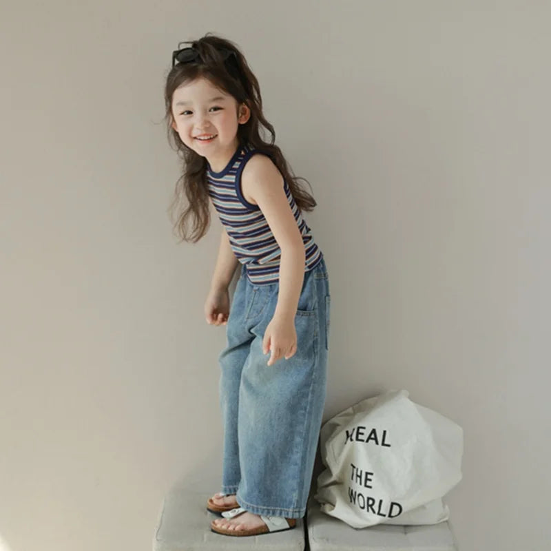 Kids High Waist Wide-Leg Jeans for 3-8Y Girls Solid Multi-Pocket Elastic Waist Jeans Casual Fashion Kids Denim Trousers