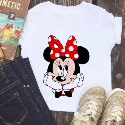 Disney Series Mickey Minnie Anime Clothes T-shirt Boy Girl Casual Summer White Pink Cotton Children's Clothing Baby Kawaii Tees