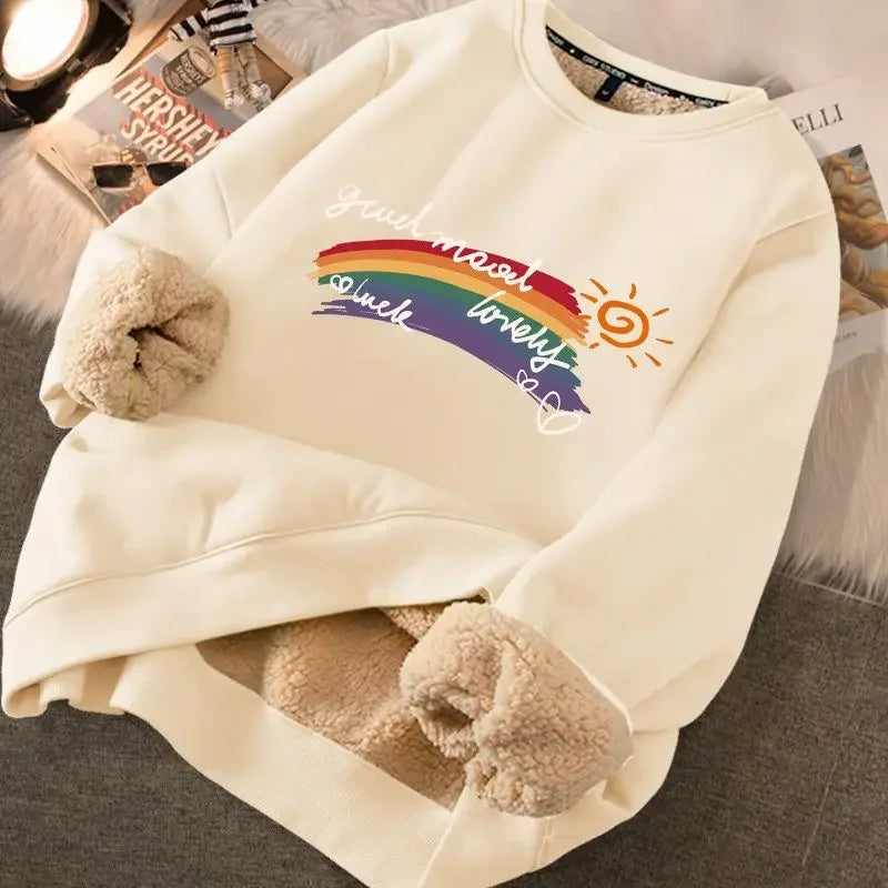 Autumn Winter Women Casual Loose Sweatshirts Lambswool Thicken Thermal Sweatshirts Women Printed Cute Fleece Warm Hoodies 2023