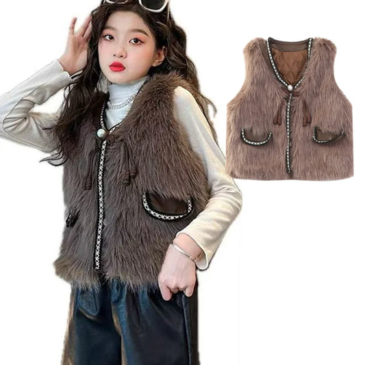 Kids New Autumn Winter Fur Waistcoat Child High Street Clothes for Girls Sleeveless Jacket Elegant Teenager Fur Vest 5 7 9 11 13