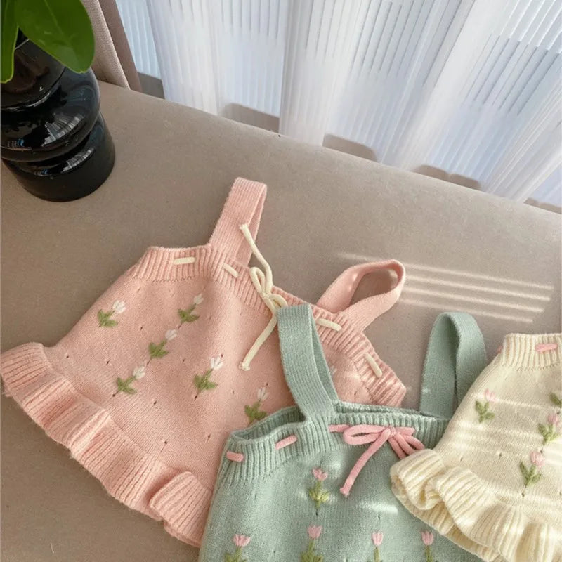 Newborn Baby Girl Knitted Strap Vest Flower Embroidery Stitch Infant Toddler Kid Top Sleeveless Sweater Spring Baby Clothes 0-7Y