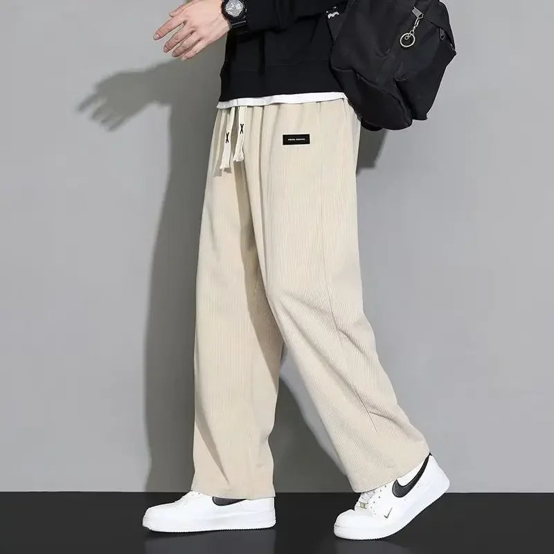 Spring Autumn Fashion Temperament Korean Corduroy Wide-leg Pants Man Loose Casual Solid Color Male Sweatpants Streetwear Clothes