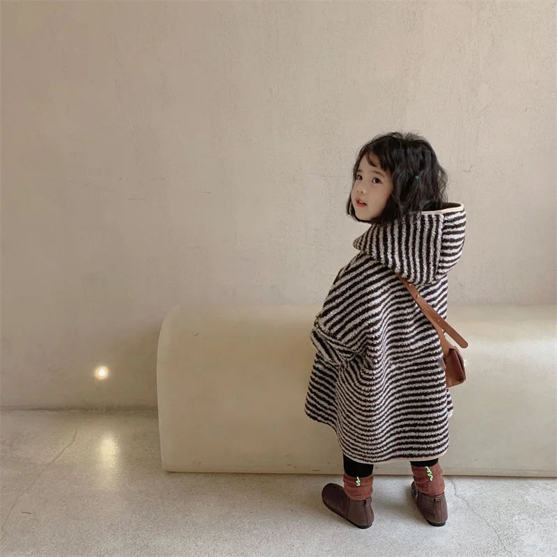 Baby Girls Plush Coats Autumn Winter Striped Woolen Jackets Children Hooded Outerwear 2024 Kids Warm Zipper Casual Clothing