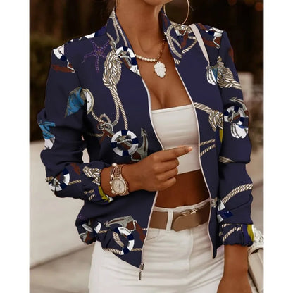 Autumn Commuter Long Sleeved Women's Top Standing Neck Zipper Cardigan Jacket Solid Color and Fashion Printed Casual Top Jacket