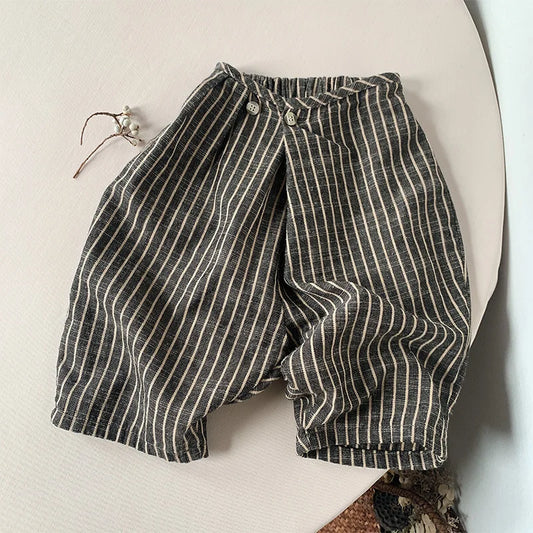 Children's Retro Striped Cotton And Linen Pant Spring Autumn New Japanese Boys And Girls Casual Loose Wide-Leg Pants WTP122