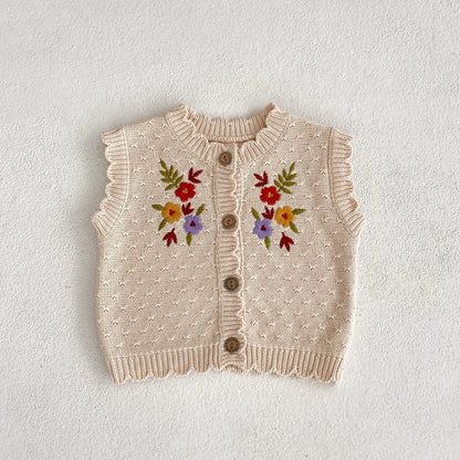 Autumn Winter 100% Cotton Children Knitted Cardigan Hollow Out Vest Kid Girl Embroidery Flower Tops Waistcoat Baby Casual Coat