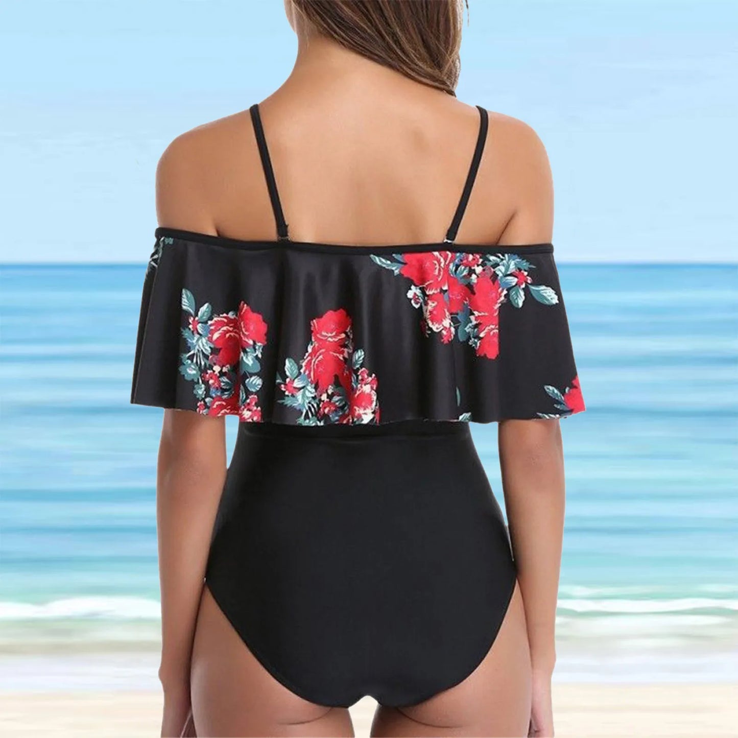 Sexy Sheer Bikini Swimwear Push-up Bathing Swimsuit Vintage Ruffle Monokini Off Printing Floral Bikini Bikini Woman Swimsuit