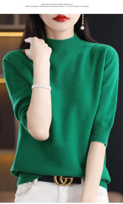 Fashion Half Short Sleeve 100% Merino Wool Sweater Basic Mock-Neck  Cashmere Women Knitted Top  Pullover Clothing Tops