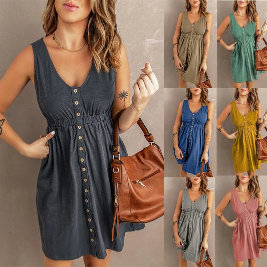 Womens Summer Sleeveless Dress Button Down Elastic Waist Swing Loose Plain Short Dresses Casual Tank Tops Dresses Plus Size