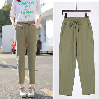 Womens Spring Summer Pants Cotton Linen Solid Elastic waist Candy Colors Harem Trousers Casual Female Pants