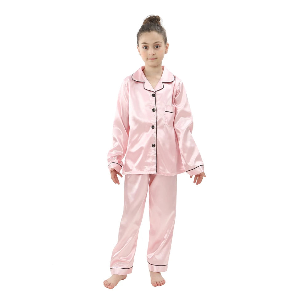 2pcs Boys Girls Pajamas Silk Pants Long Sleeve Solid Button-Down Pyjamas Satin Sets Nightgown Children Sleepwear Kids Loungewear