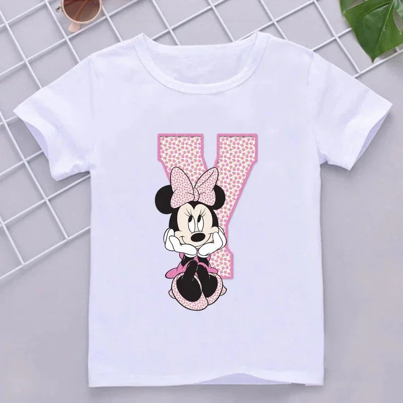 Minnie Children Cotton T-Shirts Letter A-Z Name Combination Disney Kawaii Cartoons Clothes Kids Little Boy Girl Tee Casual Tops