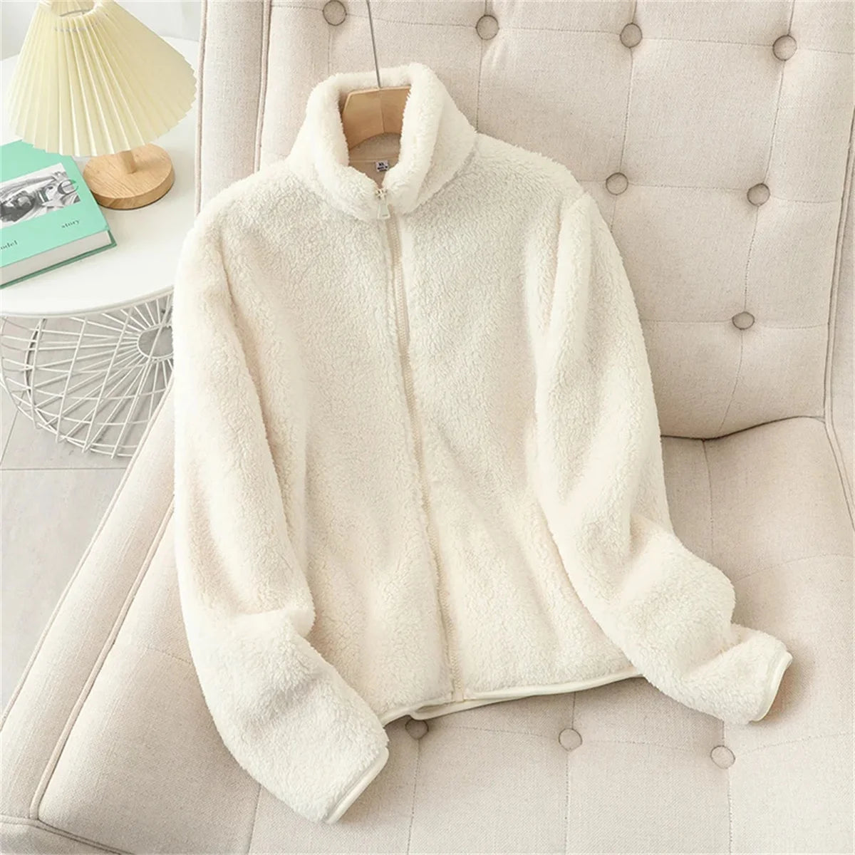 Women's Solid Color Fleece Coat Autumn Winter Warm Zipper Hoodie Loose Stand Collar Jacket Fashion Casual Elegant Ladies Clothes