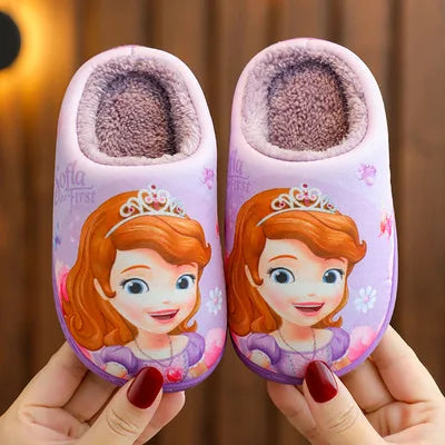 Disney Princess Sofia Elsa Winter Children's Cotton Slippers Girl's Parent-child Snow Non Slip Warm Baby Slippers Size 24-39