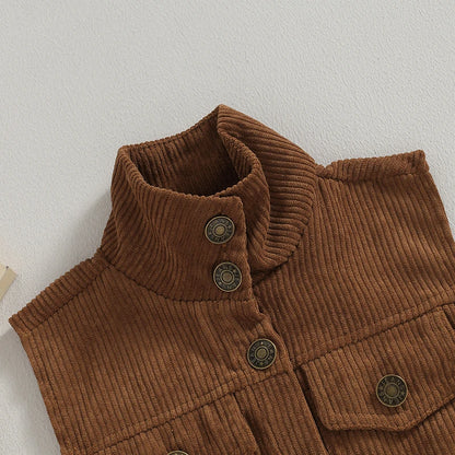 Infant Boys Corduroy Vest with Lapel Collar and Button Down Front Sleeveless Winter Outwear Waistcoat for Newborns