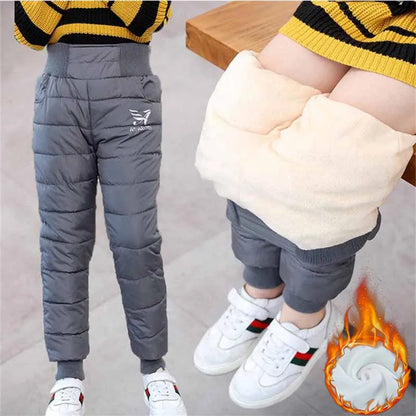 New Children's Down Cotton Pants Boys Padded Thickened Warm Trousers Winter Girls Fashion Casual Solid Color Sweatpants 3-12Y