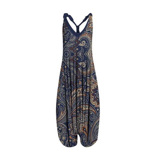 Fashionable Loose Racerback Pleated Jumpsuit With Spaghetti Straps Vintage Paisley Style Printed Overall Jumpsuit For Feamle