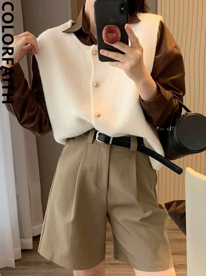 Colorfaith SWV9253JX New 2023 Chic Preppy Style Wild Elegant Lady Waistcoat Knitted Vintage Women Autumn Winter Sweater Vests