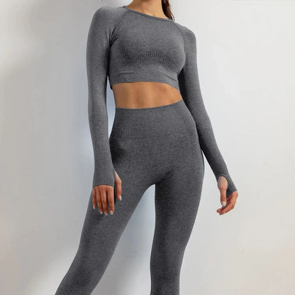 Set of 2 Women's Seamless Yoga Suit with Thumb Holes Long Sleeve Tops Gym Wear Fitness Workout Yoga Wear Leggings Long Pants