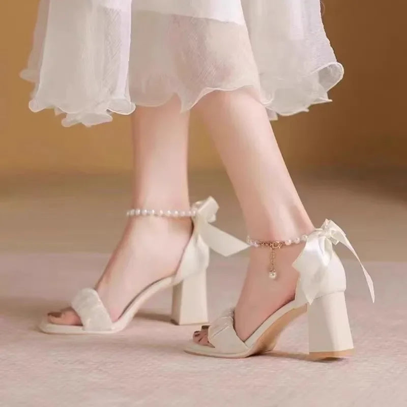 Comfort Shoes for Women Pearl Sandals Suit Female Beige Increasing Height Block Heels All-Match Black Bow 2024 Fashion Chunky