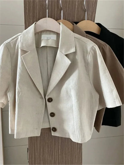 REALEFT Vintage Style Cotton and Linen Suit Women's Blazer 2024 Spring Summer Solid Color Short Sleeve Casual Short Outwear Coat