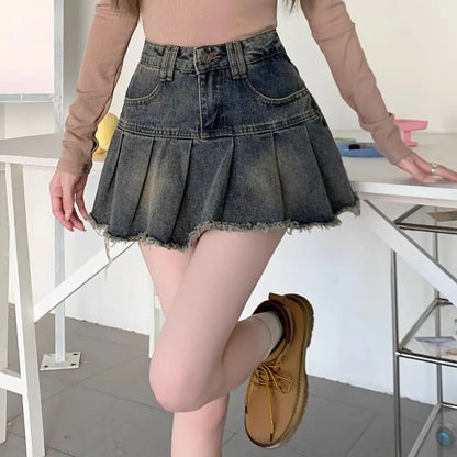 Deeptown Vintage Denim Skirt Women Pleated Sexy Short Skirts Retro Korean Fashion Aesthetics Casual A-line Streetwear Jean Skirt