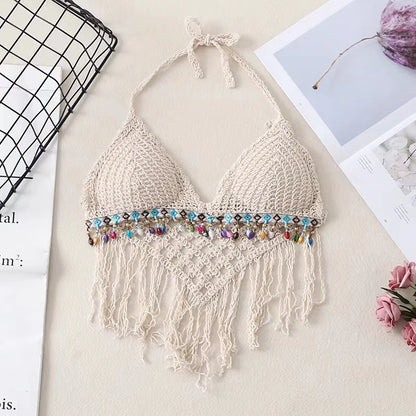 Summer Bohemia Hollow Out Halter Tassel Knitted Camisole Women Sexy V Neck Sleeveless Tank Top