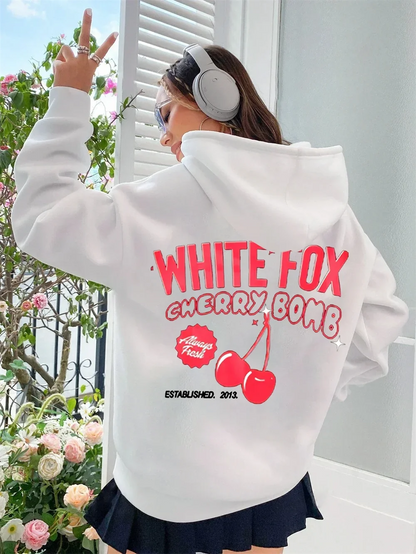 New White Fox Cherry Bomb Print Hooded Sweatshirt Women Drawstring Personality Sweatshirts Long Sleeve Fashion Pullover